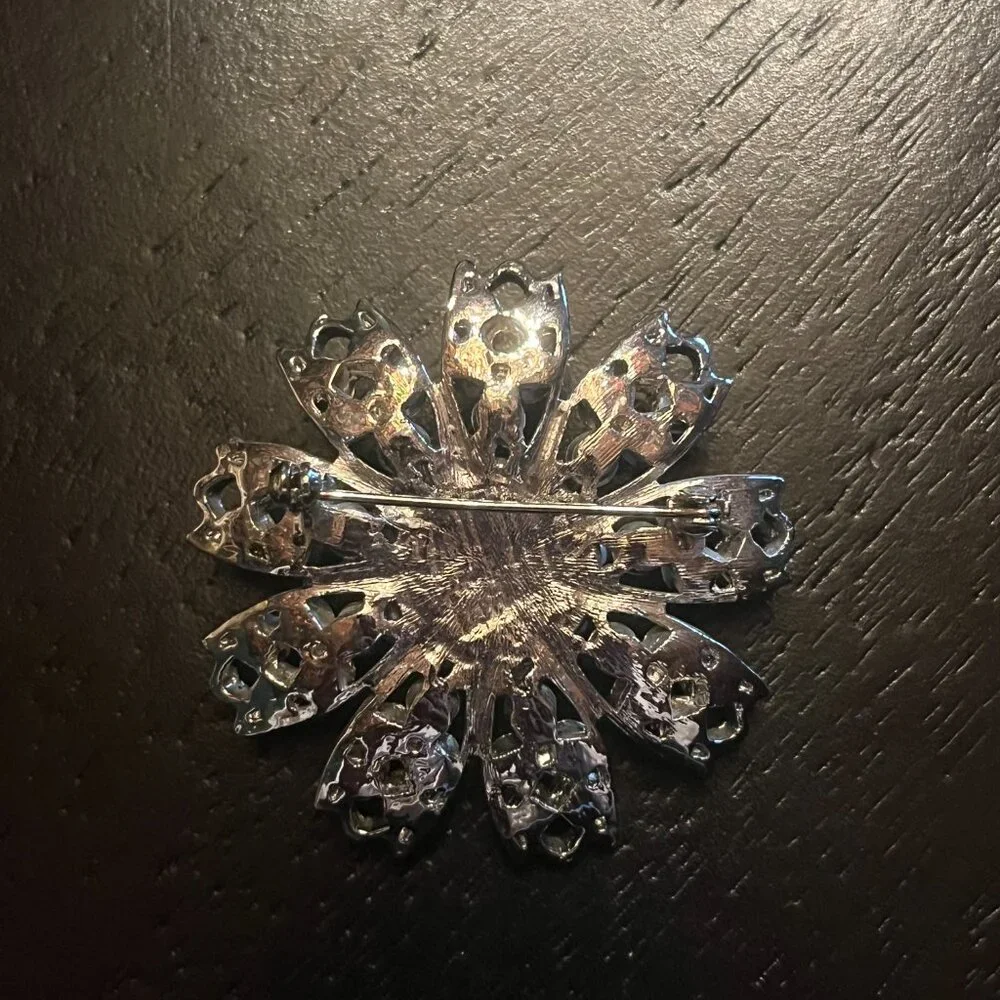 Vintage Silver Tone Brooch with Pearl Cluster Center and Aurora Borealis Stones